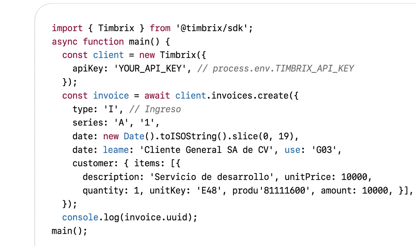 Código de ejemplo usando el SDK de Timbrix para crear un CFDI