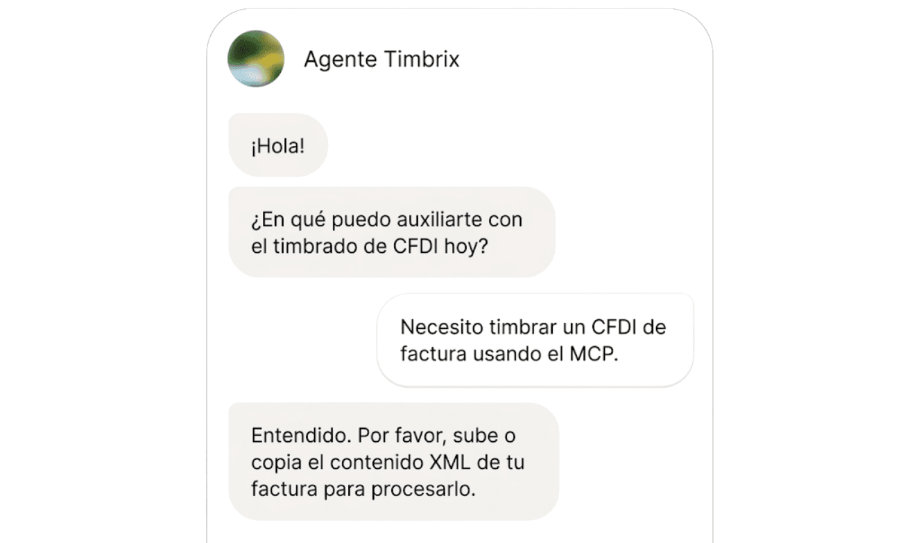 Conversación con el agente MCP de Timbrix timbrando CFDI desde un chat