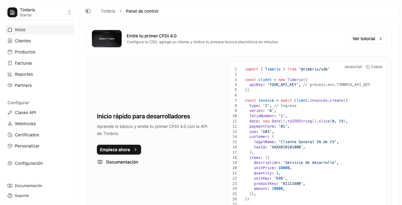 Panel de control de Timbrix con inicio rápido para desarrolladores